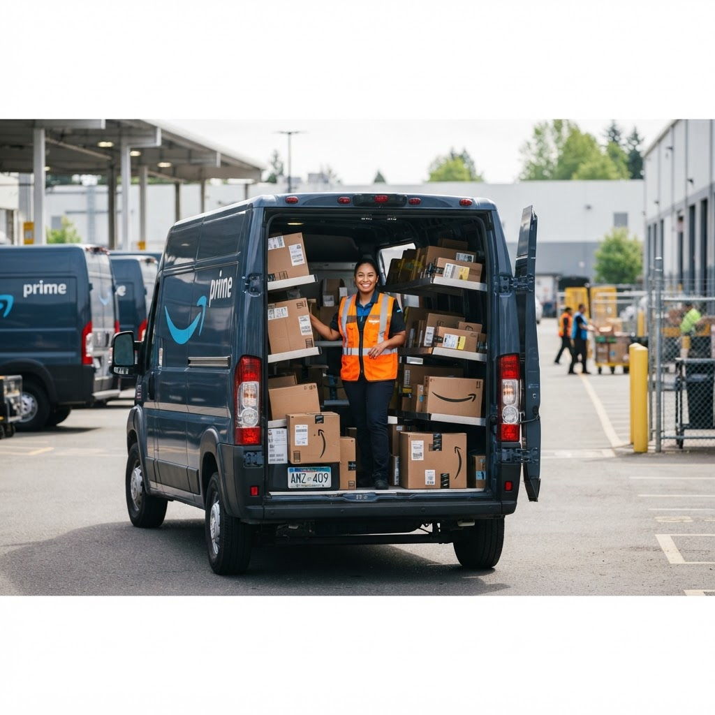 A smiling FRS team member in a safety vest standing in the open cargo area at the back of an Amazon Prime delivery van